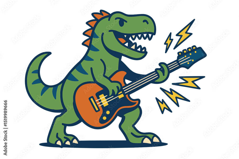 Fototapeta premium The image depicts a T rex or Tyrannosaurus dinosaur playing an electric guitar in a comic style vector illustration