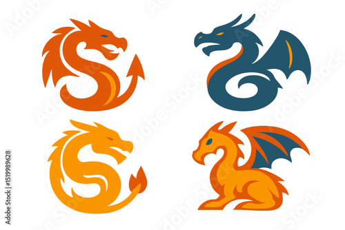 Dragon logo icons symbolize an ancient mythical serpent, also known as a mythological beast sign, in vector illustration