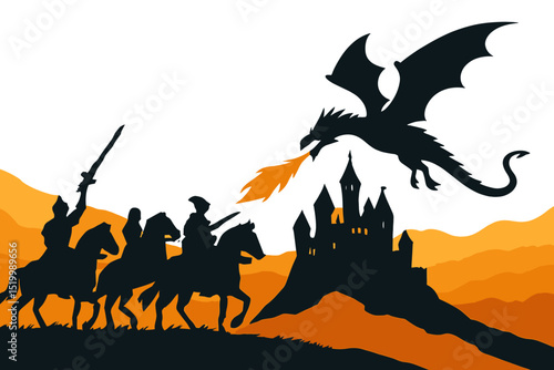 The silhouette of knights in black stands out against a medieval castle being attacked by a dragon, forming a fantasy landscape