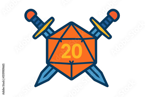 Swords are crossed with 20d or 20 sided dice in this flat vector icon for digital platforms
