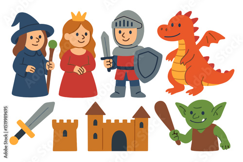 Medieval legends and fairytales serve as the inspiration for this assortment of colorful, humorous characters, items, and monsters, all isolated on a white background and depicted in a flat