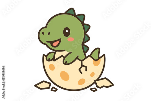 A cute dinosaur is depicted hatching from an egg in this isolated vector illustration