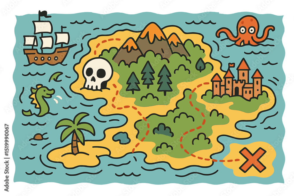 Naklejka premium This board game comes with a fantasy area games kit that includes a map of adventure island, complete with pirates, sea monsters, mountains, and a medieval city, all depicted in a cartoon hand drawn