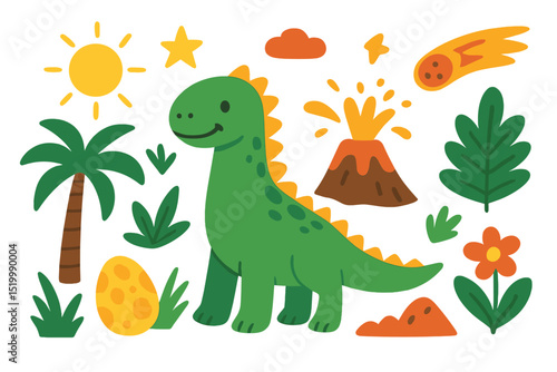 The prehistoric period is brought to life with this dinosaur set, complete with a cute dino and other fantastic elements of nature, illustrated in a simple cartoon hand-drawn vector style