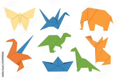 A set of origami designs features various models such as a butterfly, crane, frog, elephant, dragon, ship, dinosaur, and fox, all created from paper, in a vector format compatible with Eps