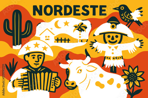 A colored background complements the woodcut, which is infused with northeastern folklore elements