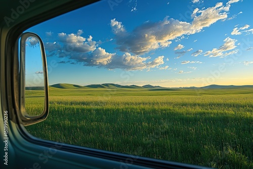 The view of the green grassland from inside an SUV car window, with a blue sky and white clouds