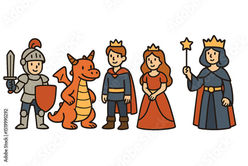 Fantasy knight and dragon, prince and princess, and magic world queen and king are featured in this isolated cartoon vector set of fairy tale characters