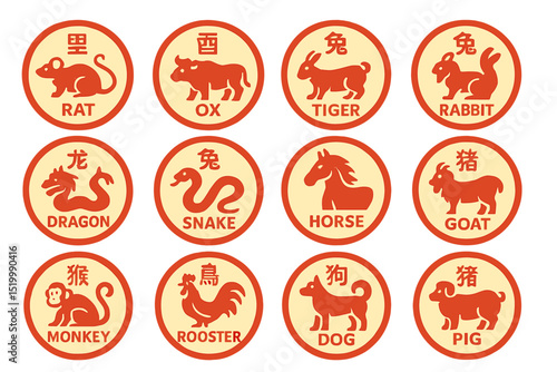 The circular Chinese zodiac signs include stamps with the animal of the year and China New Year mascot symbols in a 12-month astrology set featuring a goat, horse, and rooster