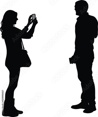 Silhouette of Woman Taking Photo of Man Vector Illustration for Travel and Social Moments

