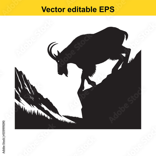 Silhouette of a majestic mountain goat standing on a cliff against a mountainous backdrop
