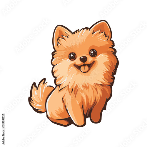 Cute Pomeranian Puppy: An adorable cartoon Pomeranian puppy with fluffy orange fur, big eyes and a happy expression sits against a white background. 
