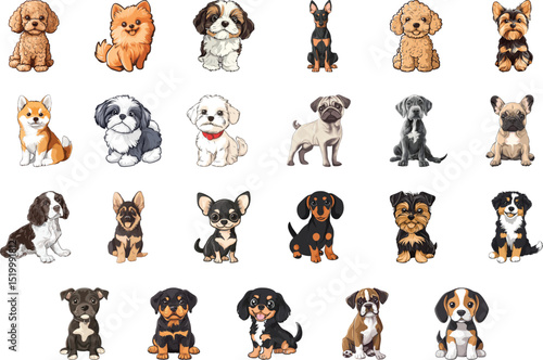 Canine Varieties: A collection of different adorable dog breeds poses in a variety of charming postures, presenting a spectrum of canine personality and charm.