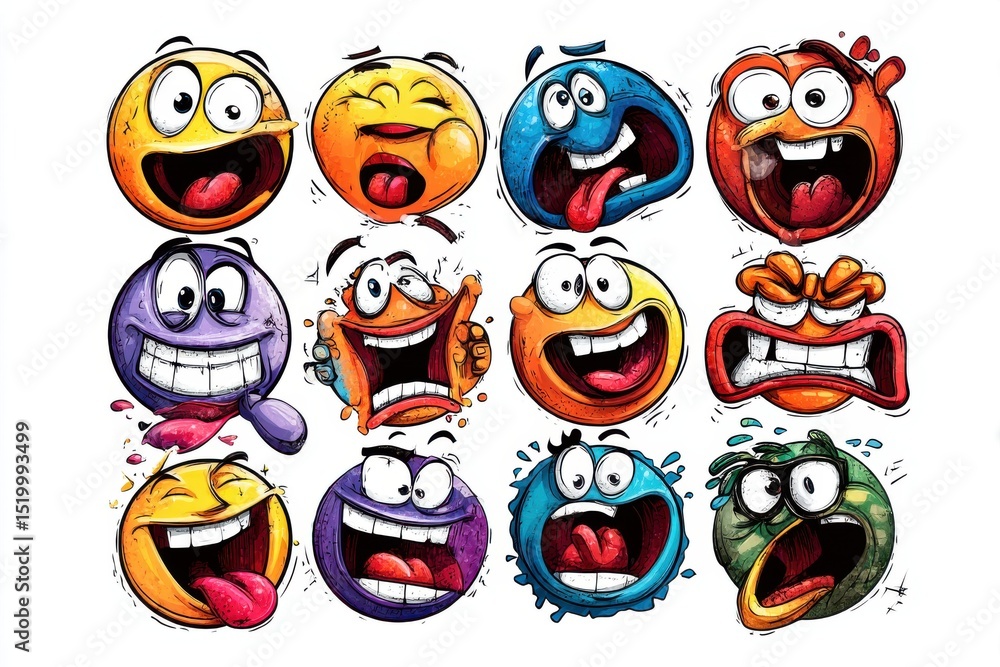 A colorful collection of cartoon emoticon faces displaying various moods and expressions, including happiness, anger, surprise, and silliness in vibrant hues. A colorful collection of cartoon emoticon faces displaying various moods and expressions, including happiness, anger, surprise, and silliness in vibrant hues.