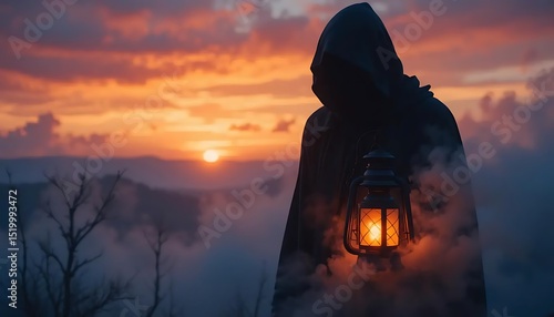 A silhouette of a hooded figure stands against a dramatic sunset, with vibrant orange, purple, and blue hues in the sky.