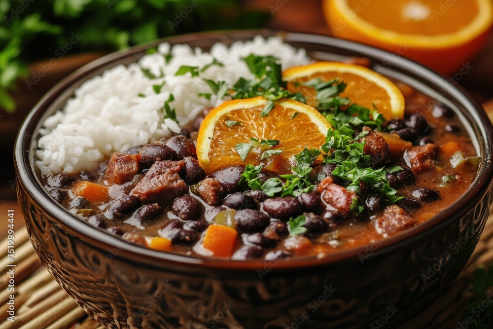 Brazilian Feijoada stew, brimming with black beans, pork, and sausage, served alongside fluffy white rice, garnished with fresh parsley Brazilian Feijoada stew, brimming with black beans, pork, and sausage, served alongside fluffy white rice, garnished with fresh parsley