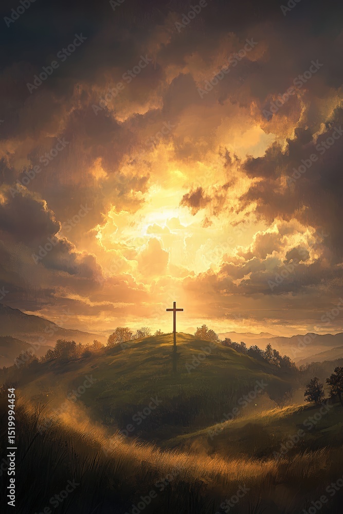 Obraz premium soft ray of sunlight piercing through the clouds, illuminating a solitary wooden cross on a hilltop