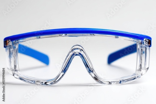 Close-up shot of clear safety glasses with blue accents against a clean white background, emphasizing the eye protection gear's design and functionality.