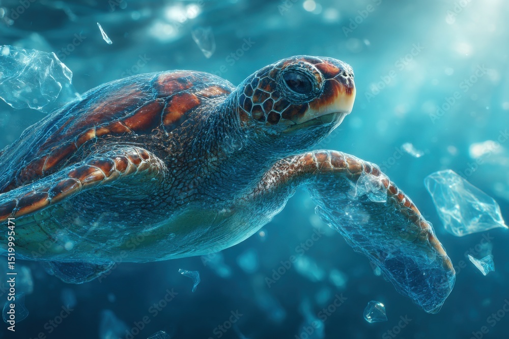 Fototapeta premium A captivating sea turtle swims through ocean filled with plastic waste, highlighting the devastating effects of pollution and urgent need for conservation.