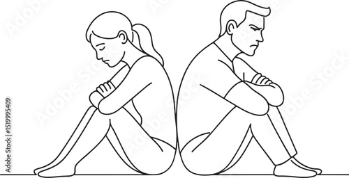 Couple Sitting Back to Back Sad One Line Drawing