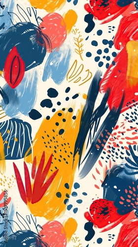 A vibrant abstract pattern features bold brushstrokes and colorful shapes, including leaves, dots, and organic forms, set against a dark background.