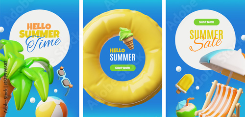 Hello summer 3D plastic style marketing banner design vector set, beach and pool elements, shopping sale, discount offer