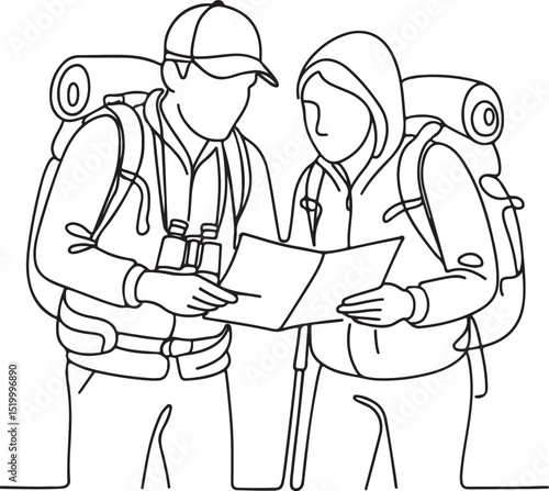 Hiking Couple with Backpacks Line Illustration