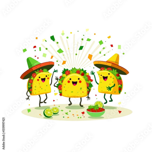 Happy tacos celebrating with sombreros, garnished with fresh vegetables and salsa