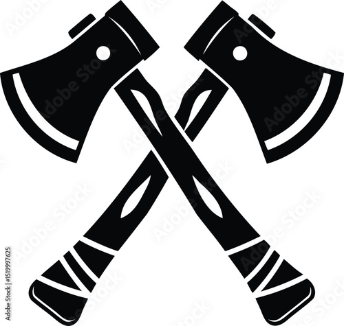 Silhouette vector of two crossed woodcutting axes, great for survival gear logos, wilderness design, forestry, outdoor adventure, or axe-throwing branding projects