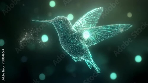 Digital hummingbird animation with wireframe mesh and glowing particles, showcasing advanced technology