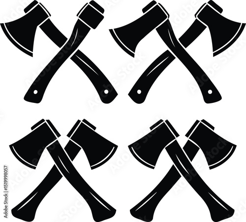 Silhouette vector set of crossed axe pairs, ideal for camping, logging, survival, hunting, and lumberjack-related outdoor adventure themes