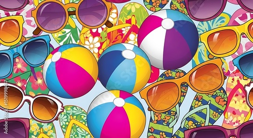 Fun Summer Pattern with Sunglasses, Beach Balls, and Flip-Flops in Vector Style, Seamless and Repeating for Textiles and Backgrounds
