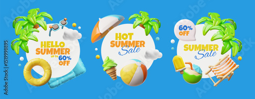 3D vector set of round frames with beach attributes, for seasonal hot discounts.
