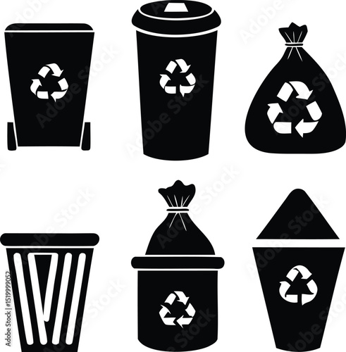 Silhouette vector set of recycling bins, trash cans, and waste bags with recycle symbols, perfect for sustainability, waste management, and environmental conservation themes
