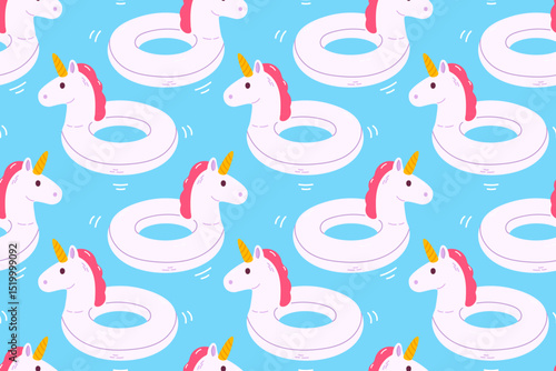 Seamless summer pattern with white unicorn pool floats on blue background, ideal for swim products, fabric, and vacation-themed decor