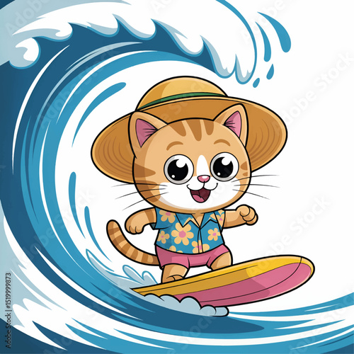Cute Tabby Cat Surfer with Hat and Floral Shirt, Vector Clipart, cute cat vector, summer cat, summer vibes