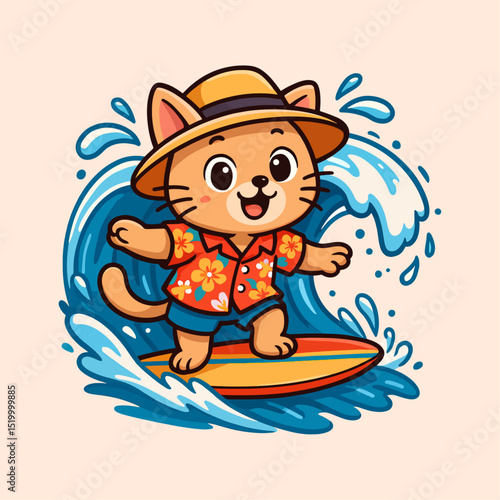 Cute Tabby Cat Surfer with Hat and Floral Shirt, Vector Clipart, cute cat vector, summer cat, summer vibes