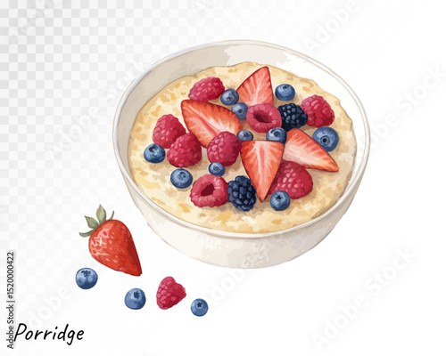 Watercolor bowl of oatmeal porridge with fresh strawberries, blueberries and raspberries, perfect for breakfast and healthy food designs. Vector illustration