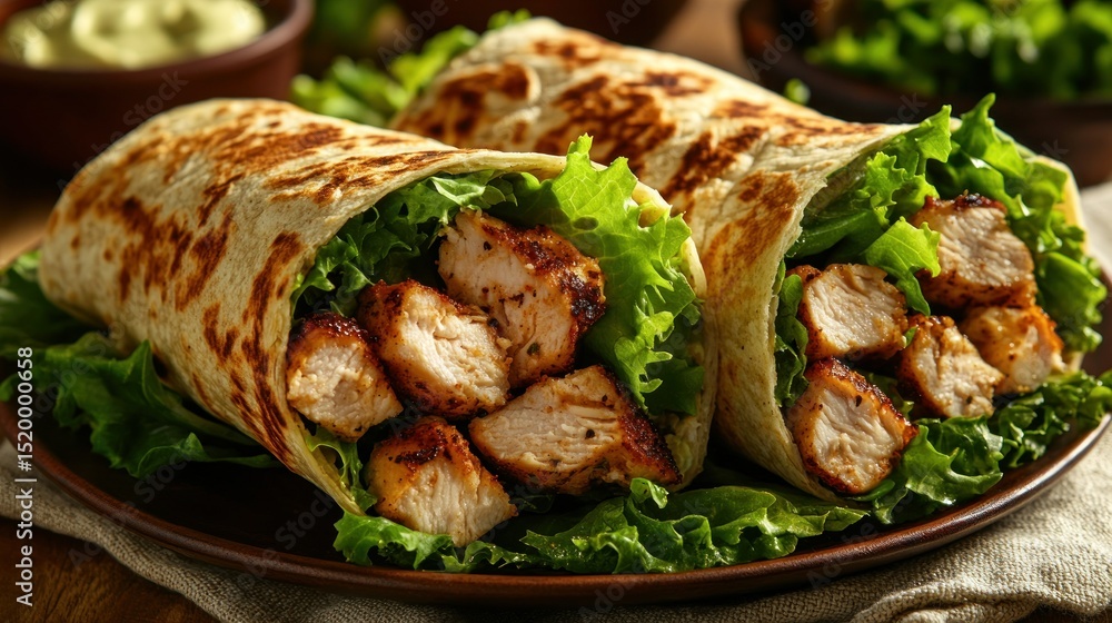 Two flavorful chicken wraps filled with lettuce and seasoned chunks of chicken Two flavorful chicken wraps filled with lettuce and seasoned chunks of chicken