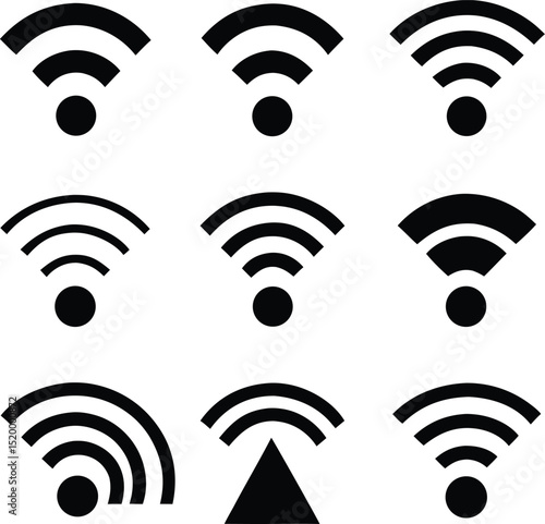 
A grid of four black and white icons illustrates different representations of wireless signals, including Wi-Fi and broadcast waves.