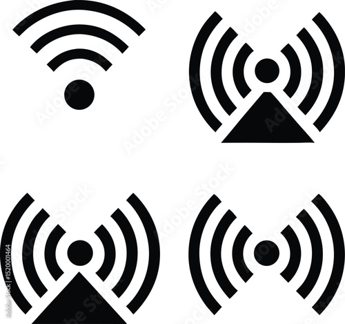 
A grid of four black and white icons illustrates different representations of wireless signals, including Wi-Fi and broadcast waves.