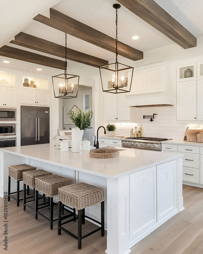 A contemporary kitchen with a large central island, white cabinetry, and modern pendant lighting hanging over the island A contemporary kitchen with a large central island, white cabinetry, and modern pendant lighting hanging over the island