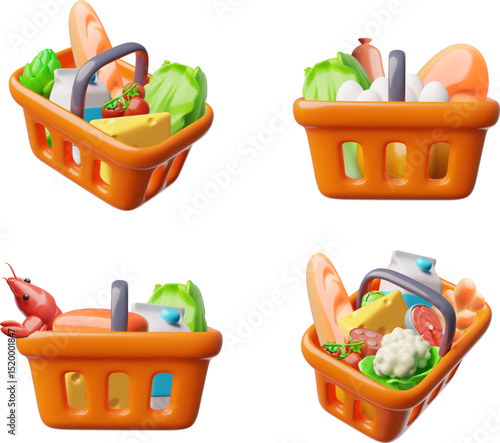 Realistic orange shopping basket with food 3D vector set, container with sausage, fish, milk, cheese vegetables purchase