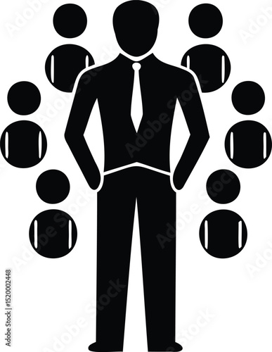 Silhouette vector of a business leader surrounded by a group, symbolizing leadership, team management, networking, and human resource themes for business visuals