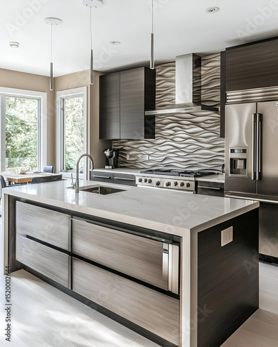 A contemporary kitchen with a unique backsplash design, brushed steel appliances, and a large prep island with storage