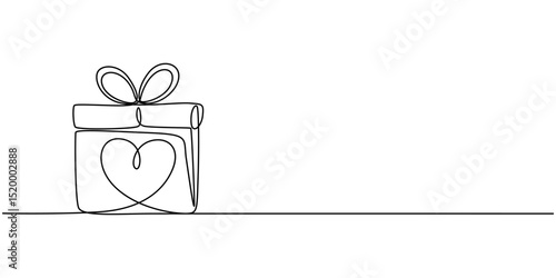 Continuous Line Drawing of Happy Birthday Icon. Hand Drawn Symbol Vector Illustration, Gift box with heart of love, one line art continuous drawing. Present on Valentines day, birthday, other holiday.