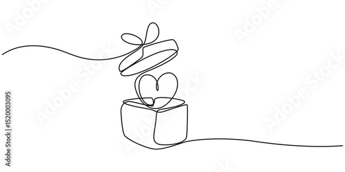 Continuous Line Drawing of Happy Birthday Icon. Hand Drawn Symbol Vector Illustration, Gift box with heart of love, one line art continuous drawing. Present on Valentines day, birthday, other holiday.