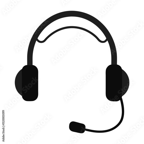 Black Headset with Microphone Isolated on White Background, Communication Device Illustration