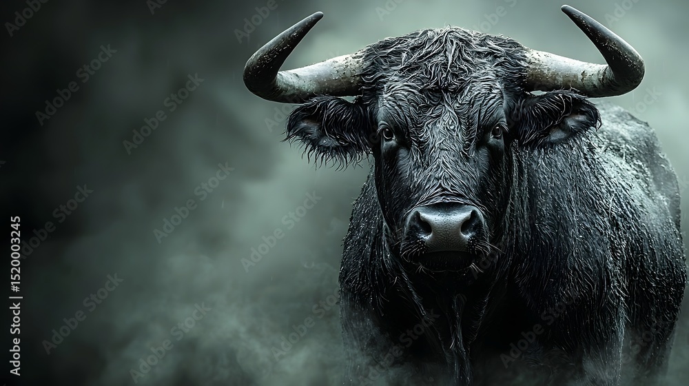 Naklejka premium A fierce bull in partial silhouette under moody lighting