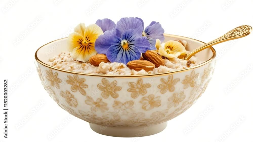 Elegant oatmeal breakfast adorned with fresh edible flowers and almonds, served in a fancy bowl Elegant oatmeal breakfast adorned with fresh edible flowers and almonds, served in a fancy bowl